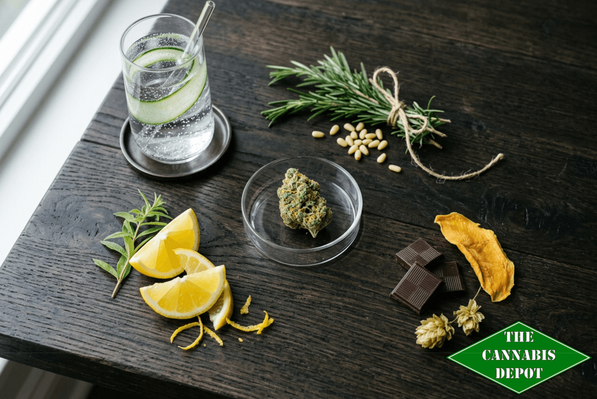 Luxury botanical flat lay featuring cannabis flower and terpene pairing ingredients on a dark background.